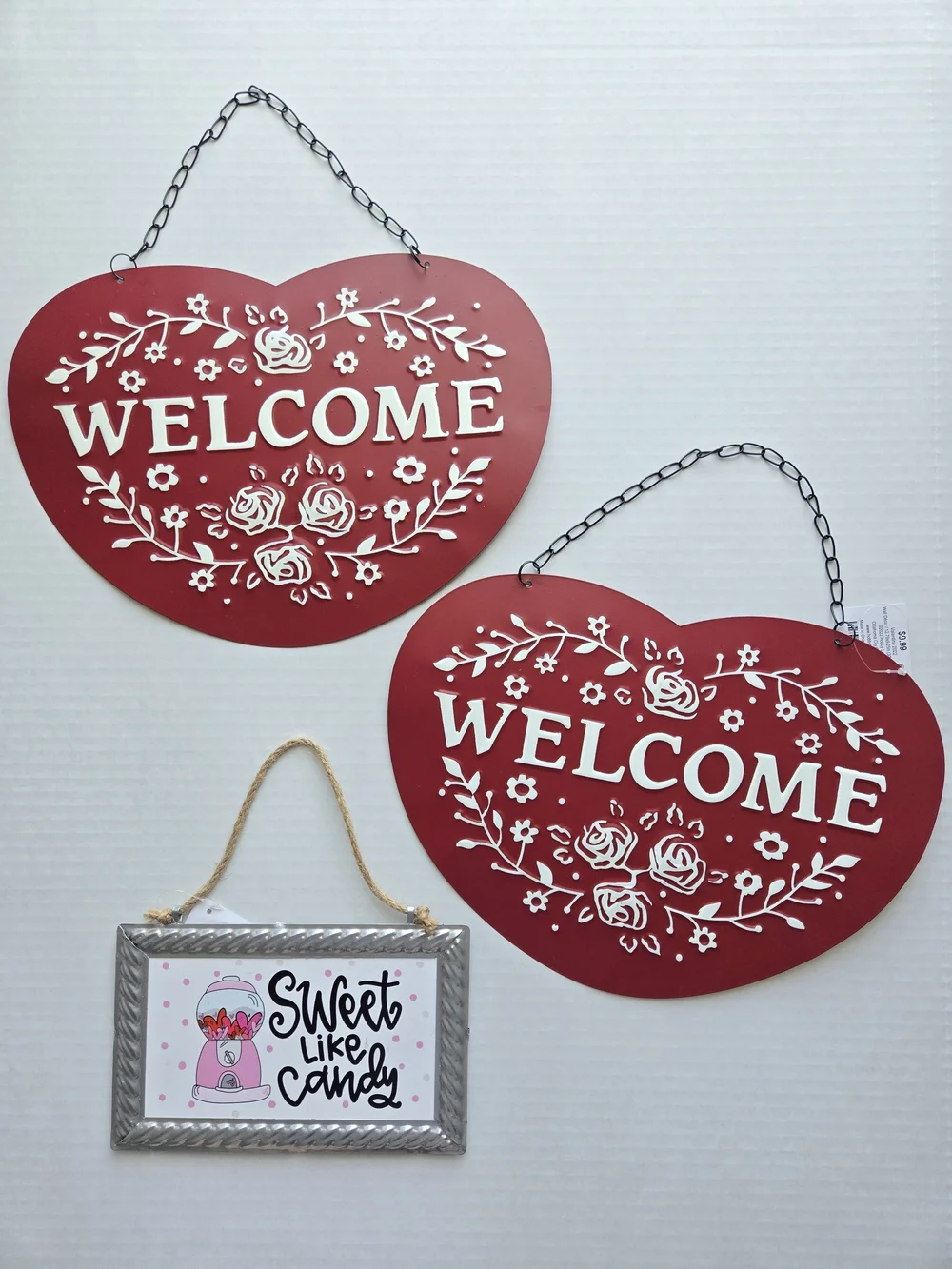 Hobby Lobby 2 Red Heart Welcome Signs And Silver Sweet Like Candy Sign - NWT